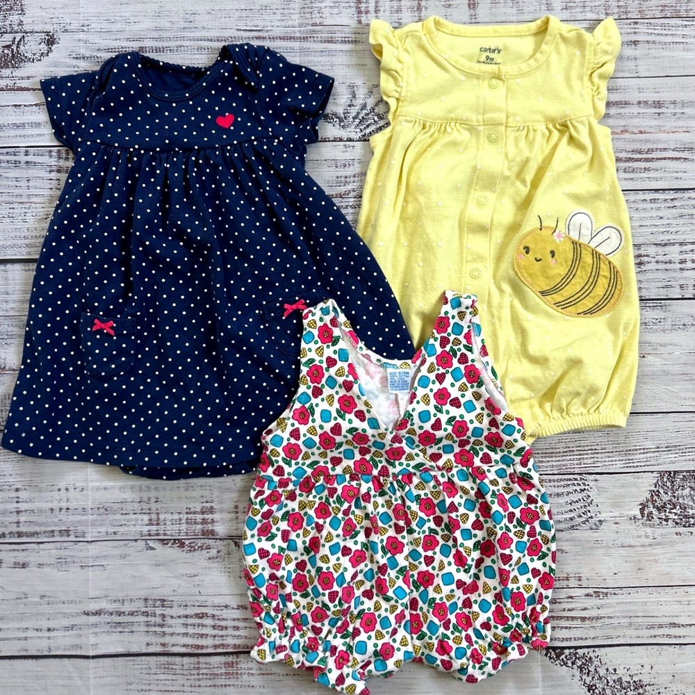 Carter's Romper Dress Set Y2K Kids 9M Multicolor Polka Dot Floral Bee 3pc Bundle